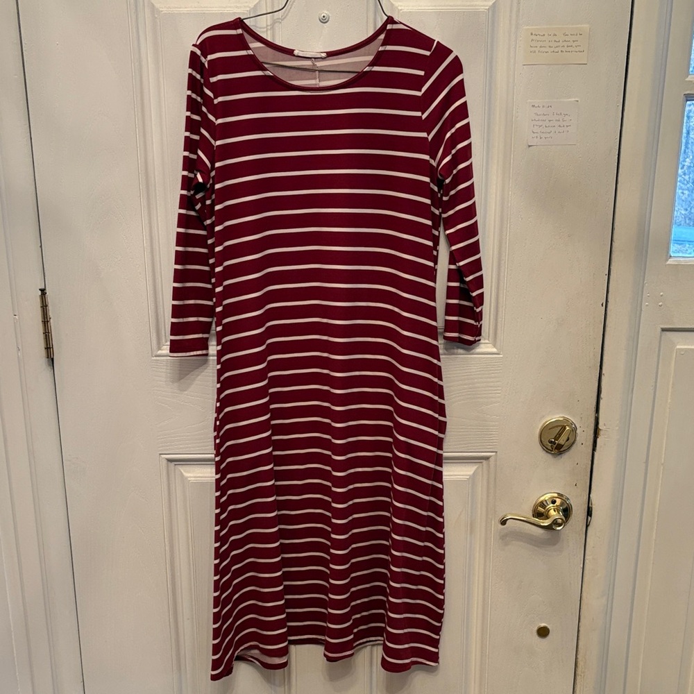 Reborn J Burgundy and White Striped 3/4 Sleeve Dress